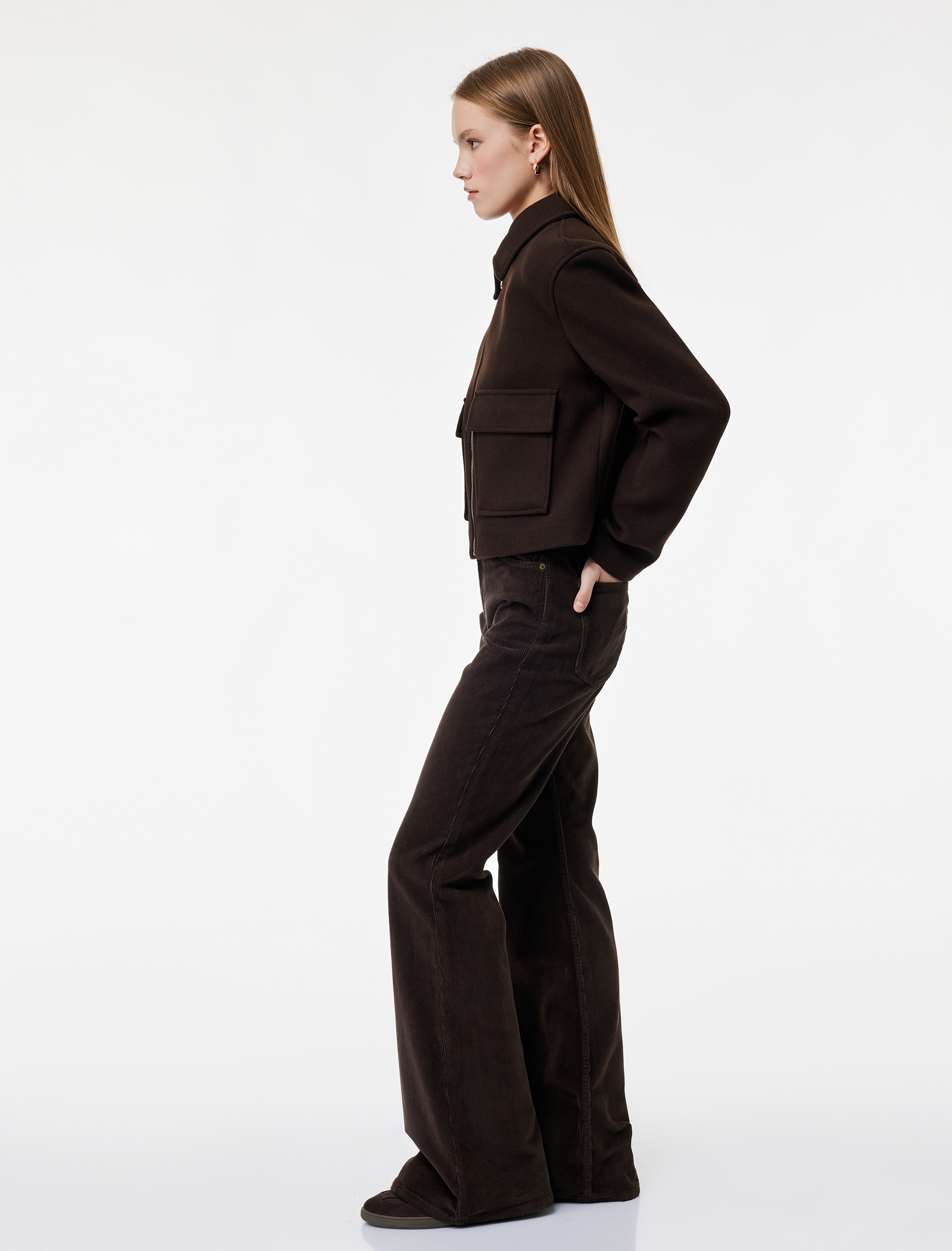   Dar Kesim Düğmeli Cepli İspanyol Paça Kadife Pantolon - Flare Jeans