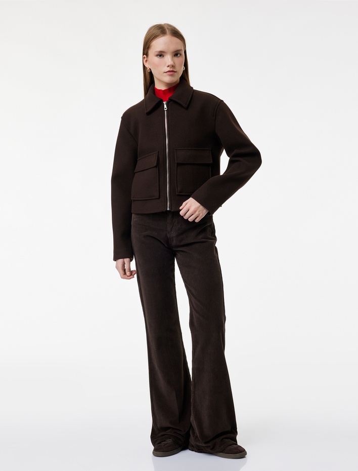  Dar Kesim Düğmeli Cepli İspanyol Paça Kadife Pantolon - Flare Jeans