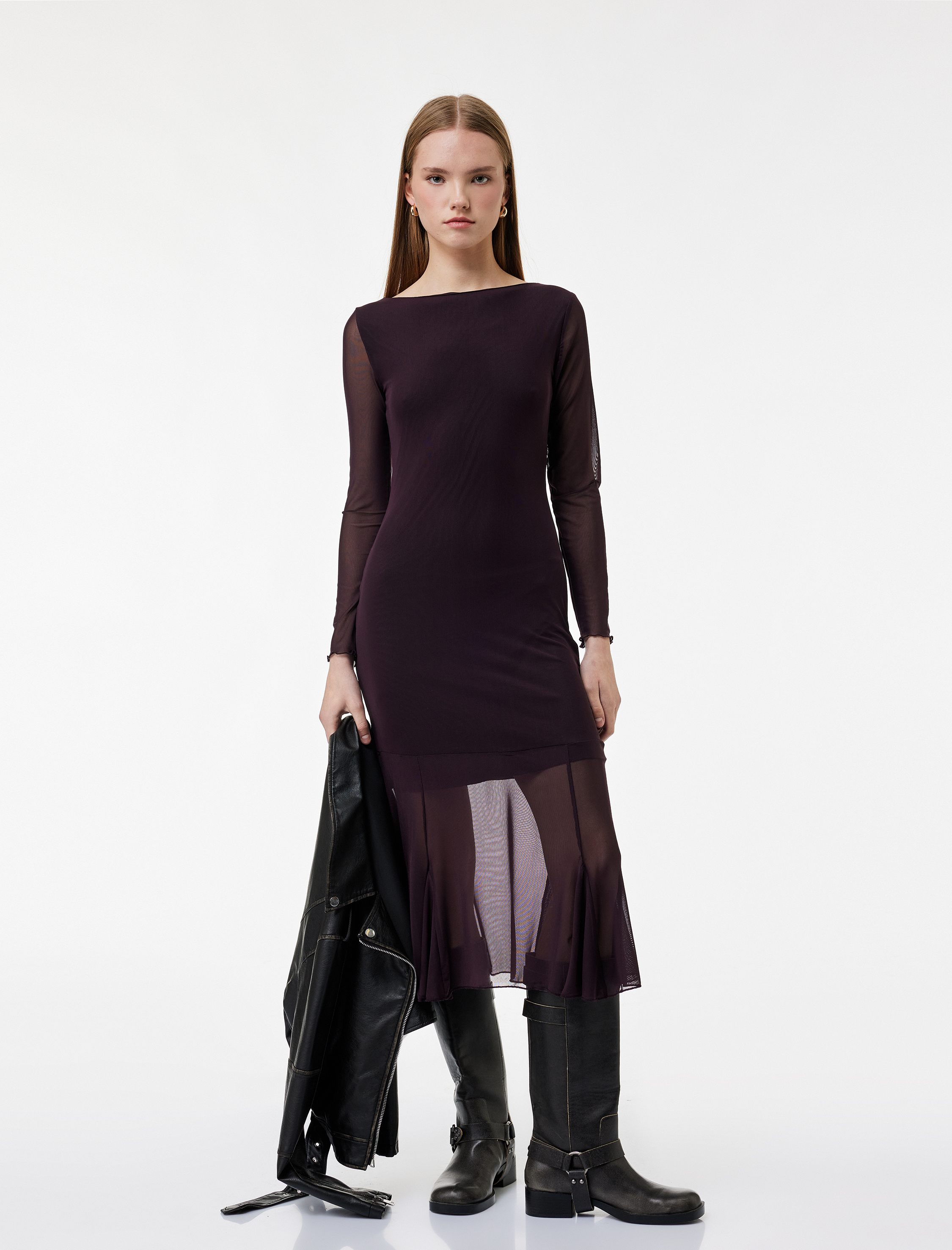   Uzun Kollu Bisiklet Yaka Volanlı Midi Elbise