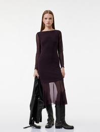 Uzun Kollu Bisiklet Yaka Volanlı Midi Elbise