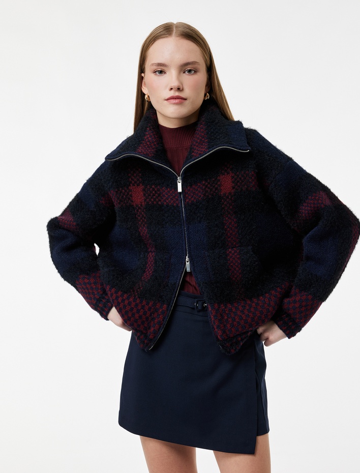  Dik Yaka Fermuarlı Ekoseli Hırka