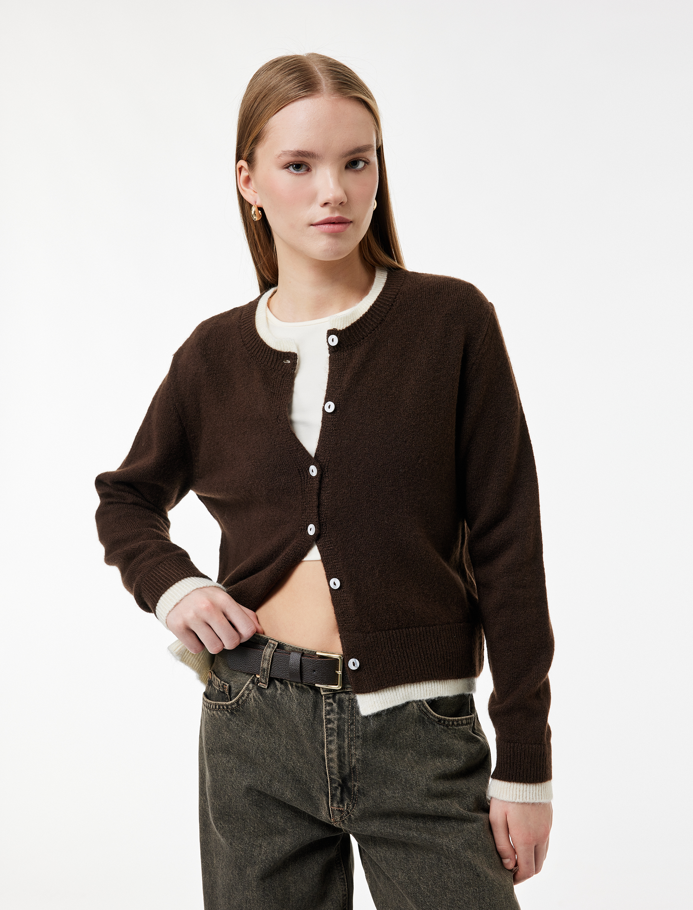   Bisiklet Yaka Düğmeli Biyeli Triko Hırka