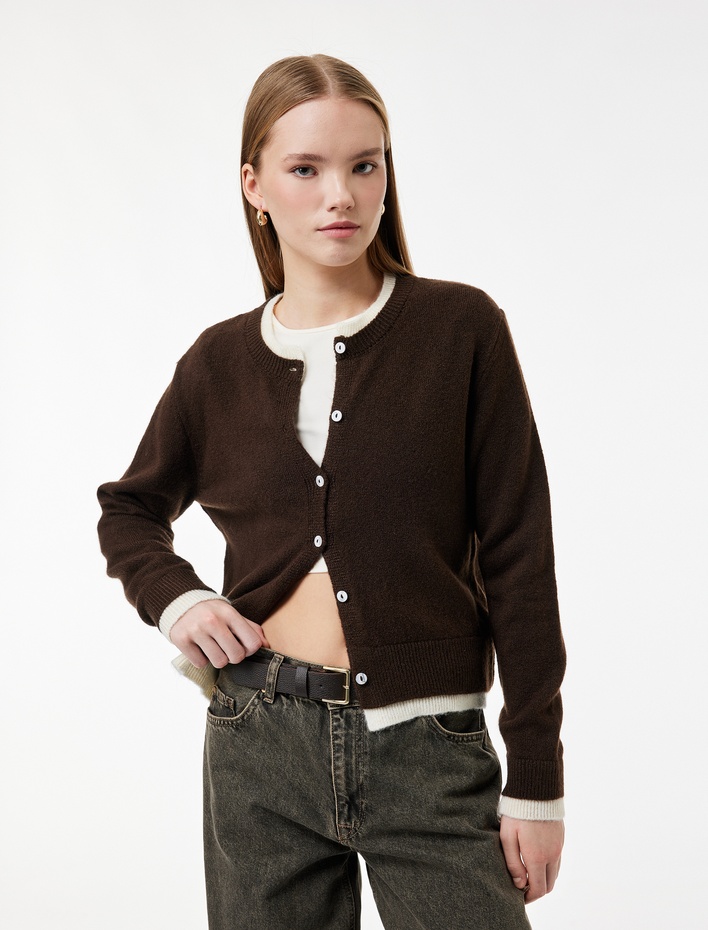  Bisiklet Yaka Düğmeli Biyeli Triko Hırka