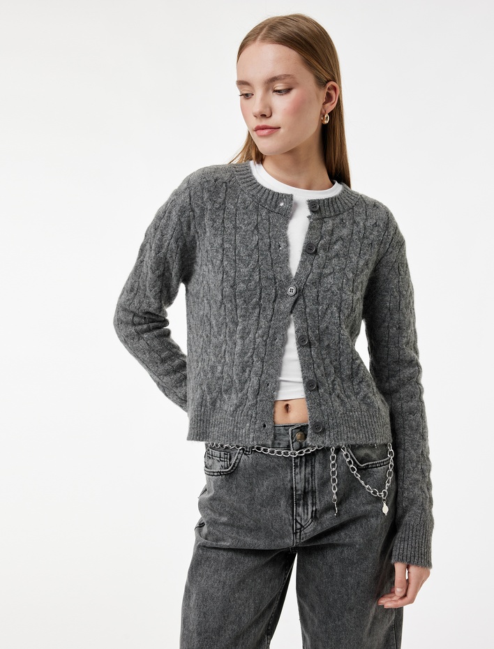  Bisiklet Yaka Düğmeli Saç Örgü Dokulu Triko Hırka