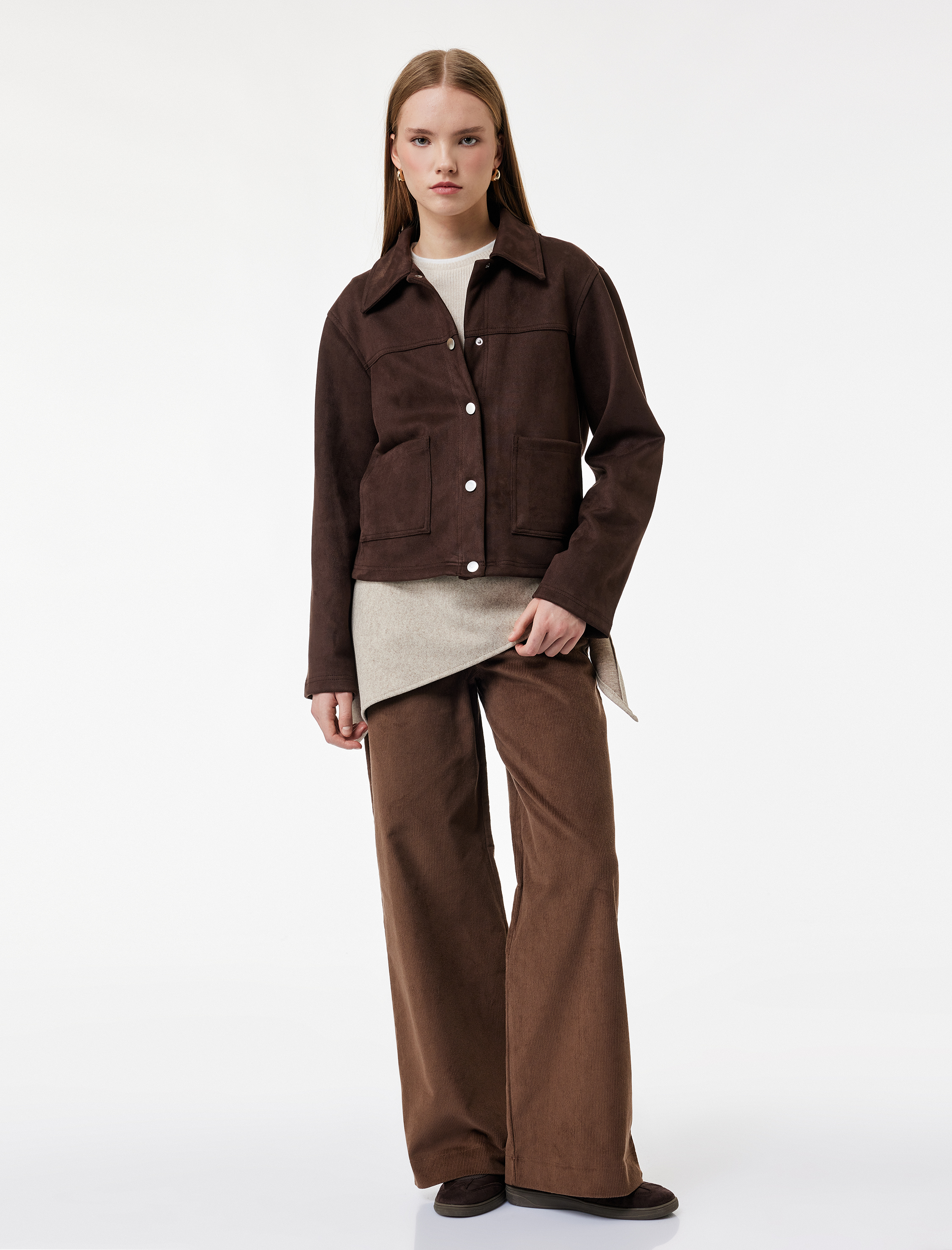   Aplike Cep Detaylı Geniş Paça Fitilli Kadife Pantolon