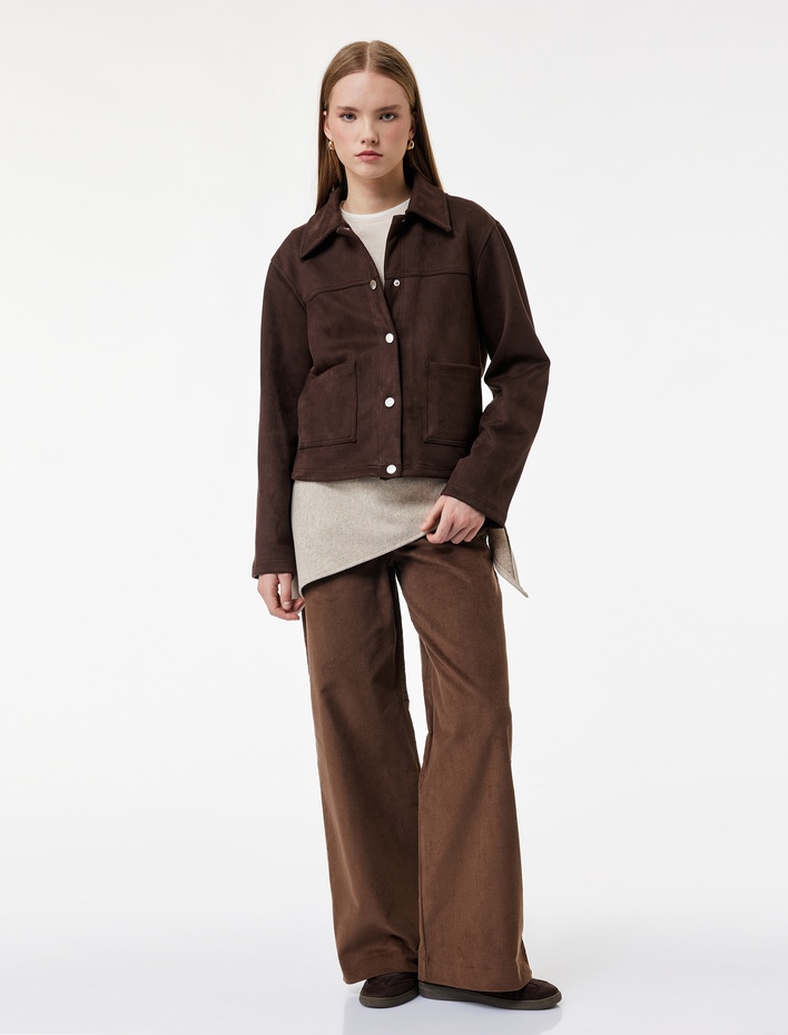  Aplike Cep Detaylı Geniş Paça Fitilli Kadife Pantolon