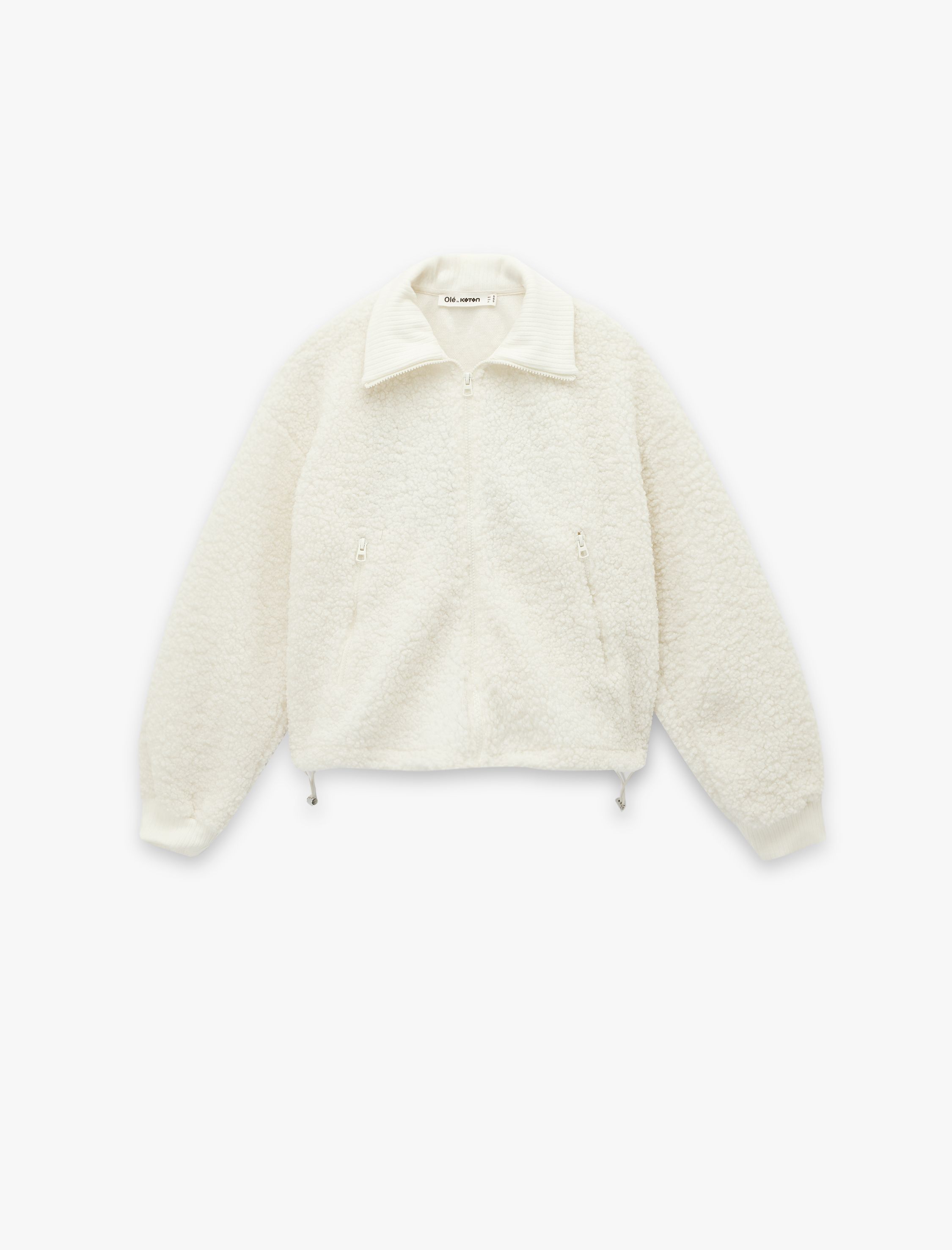   Rahat Kalıp Arkası Nakış Detaylı Cepli Uzun Kollu Fermuarlı Crop Peluş Ceket