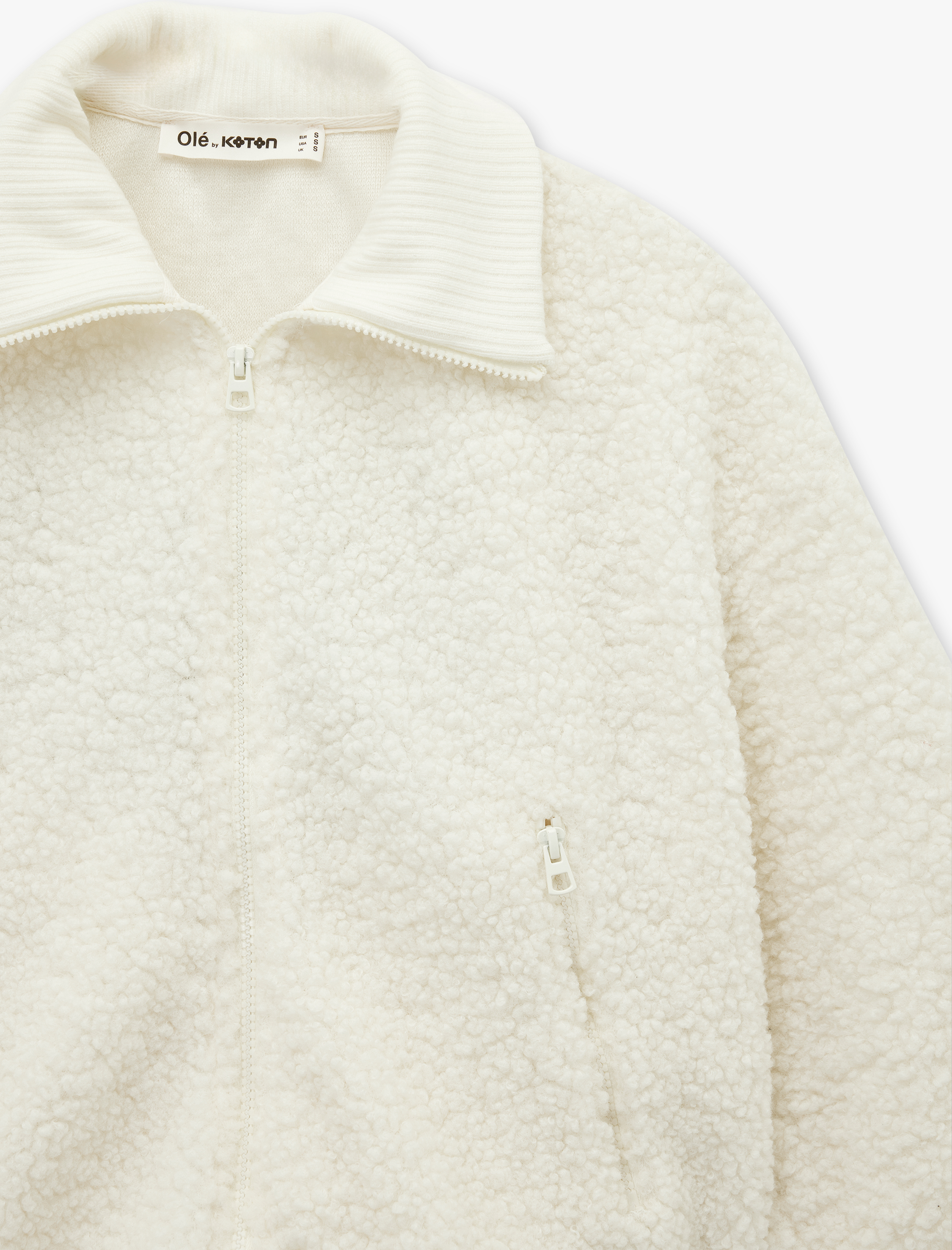   Rahat Kalıp Arkası Nakış Detaylı Cepli Uzun Kollu Fermuarlı Crop Peluş Ceket