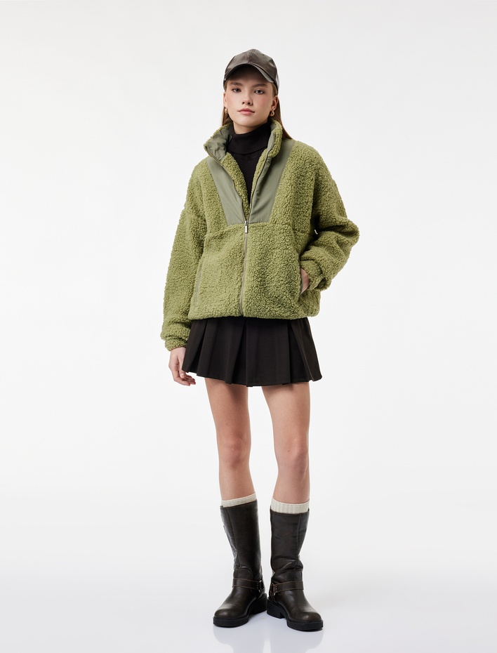  Uzun Kollu Cepli Dik Yaka Fermuarlı Peluş Ceket