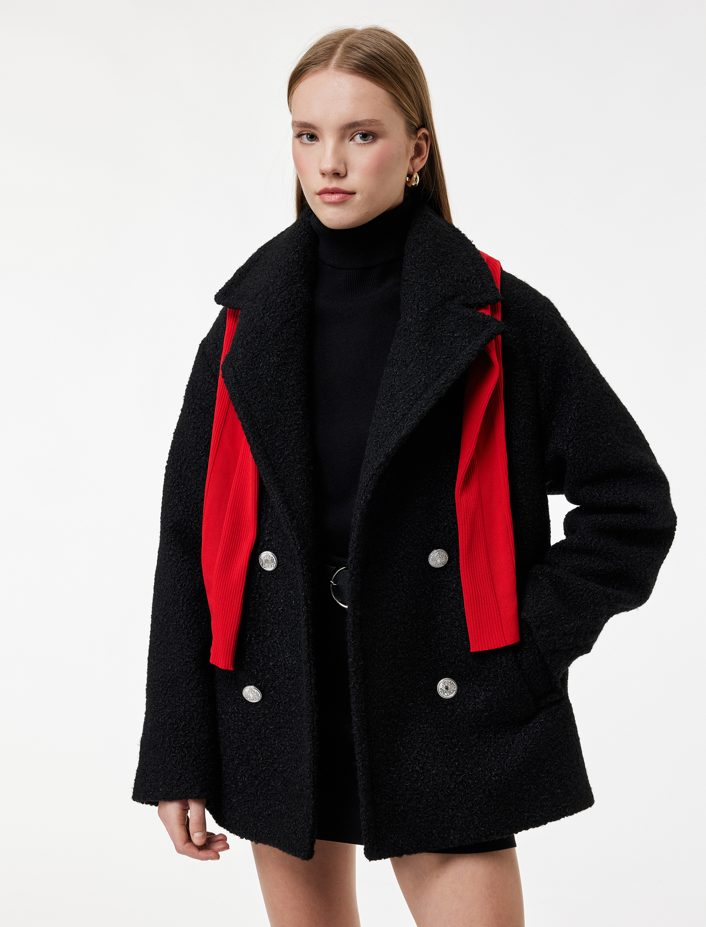   Cepli Uzun Kollu Kruvaze Düğmeli Buklet Kaban