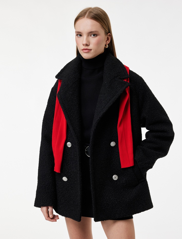  Cepli Uzun Kollu Kruvaze Düğmeli Buklet Kaban