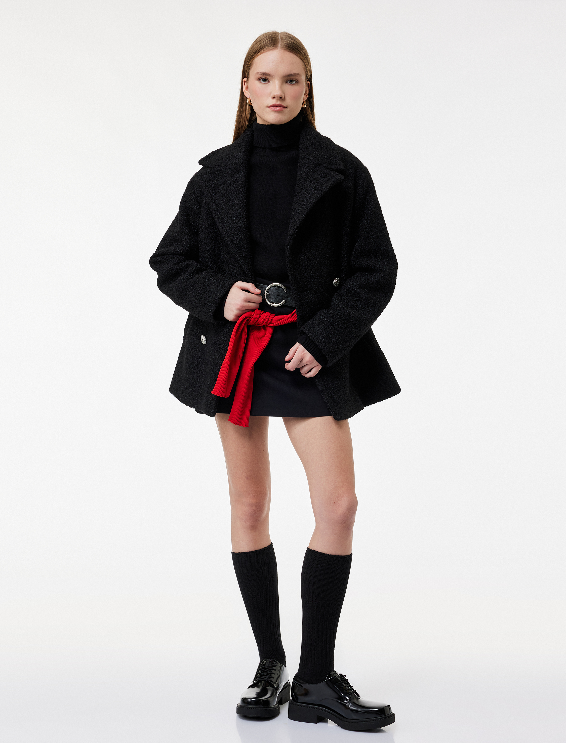   Cepli Uzun Kollu Kruvaze Düğmeli Buklet Kaban