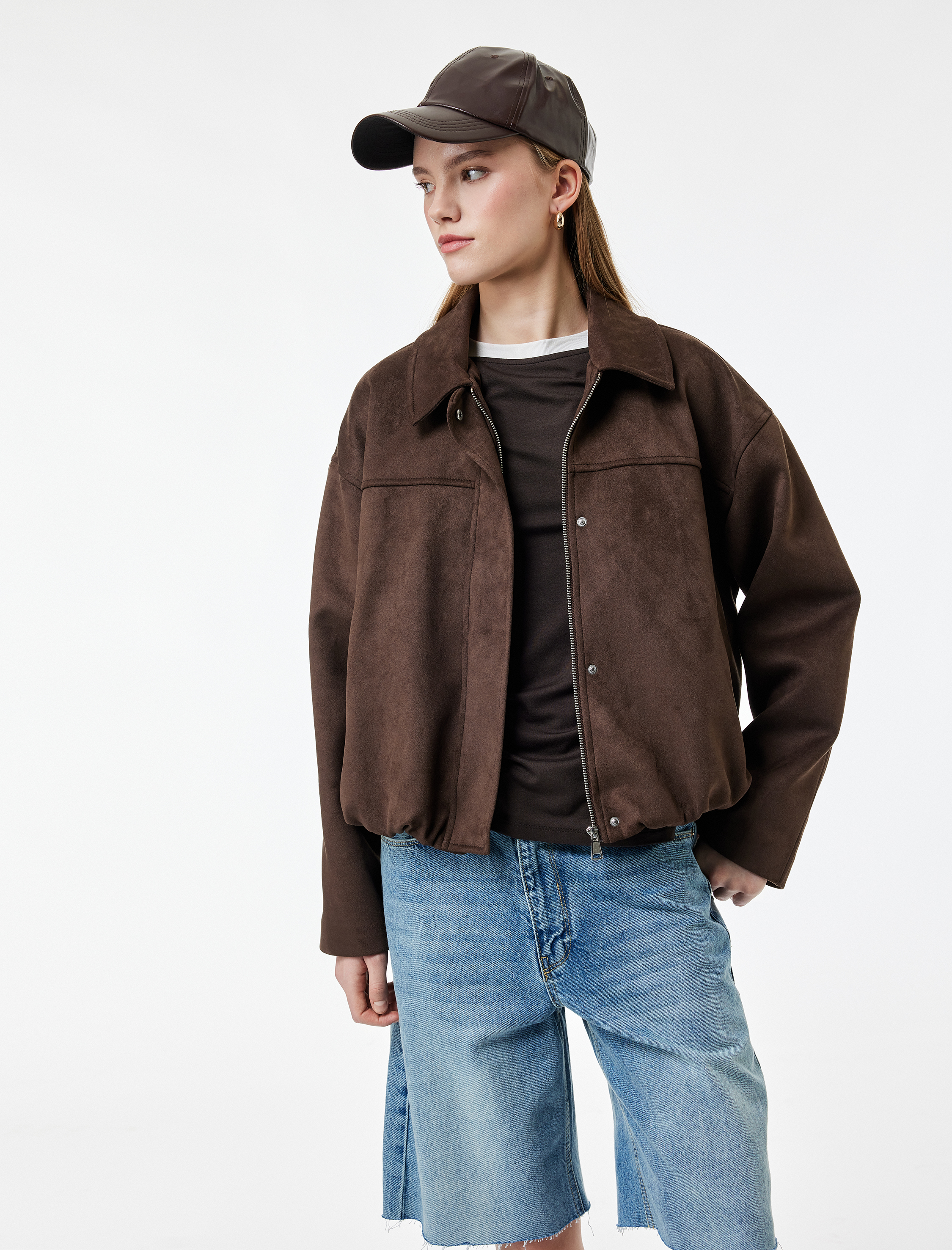   Uzun Kollu Cepli Fermuarlı Crop Suni Süet Ceket