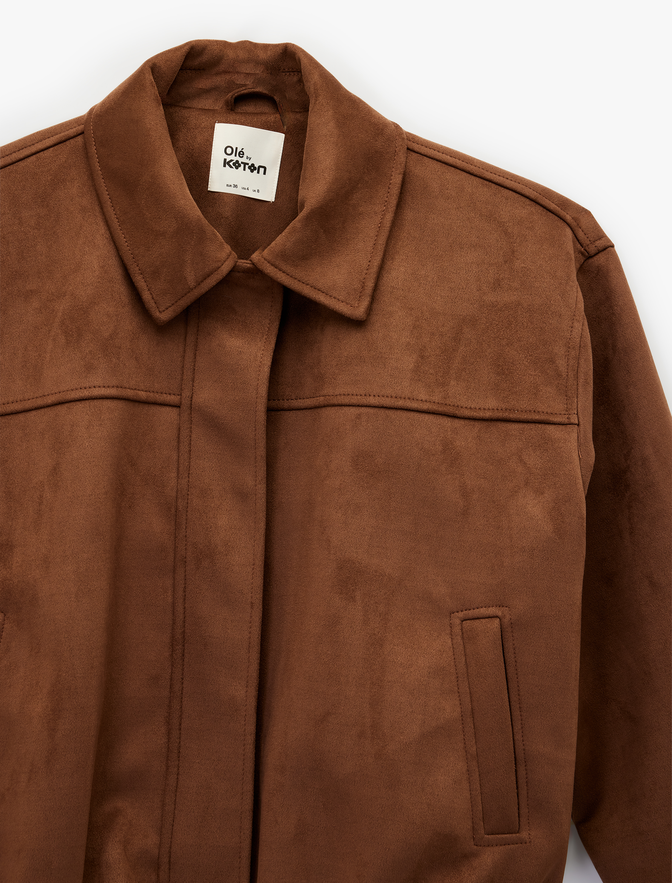   Uzun Kollu Cepli Fermuarlı Crop Suni Süet Ceket