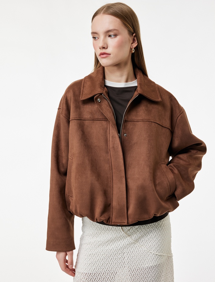  Uzun Kollu Cepli Fermuarlı Crop Suni Süet Ceket