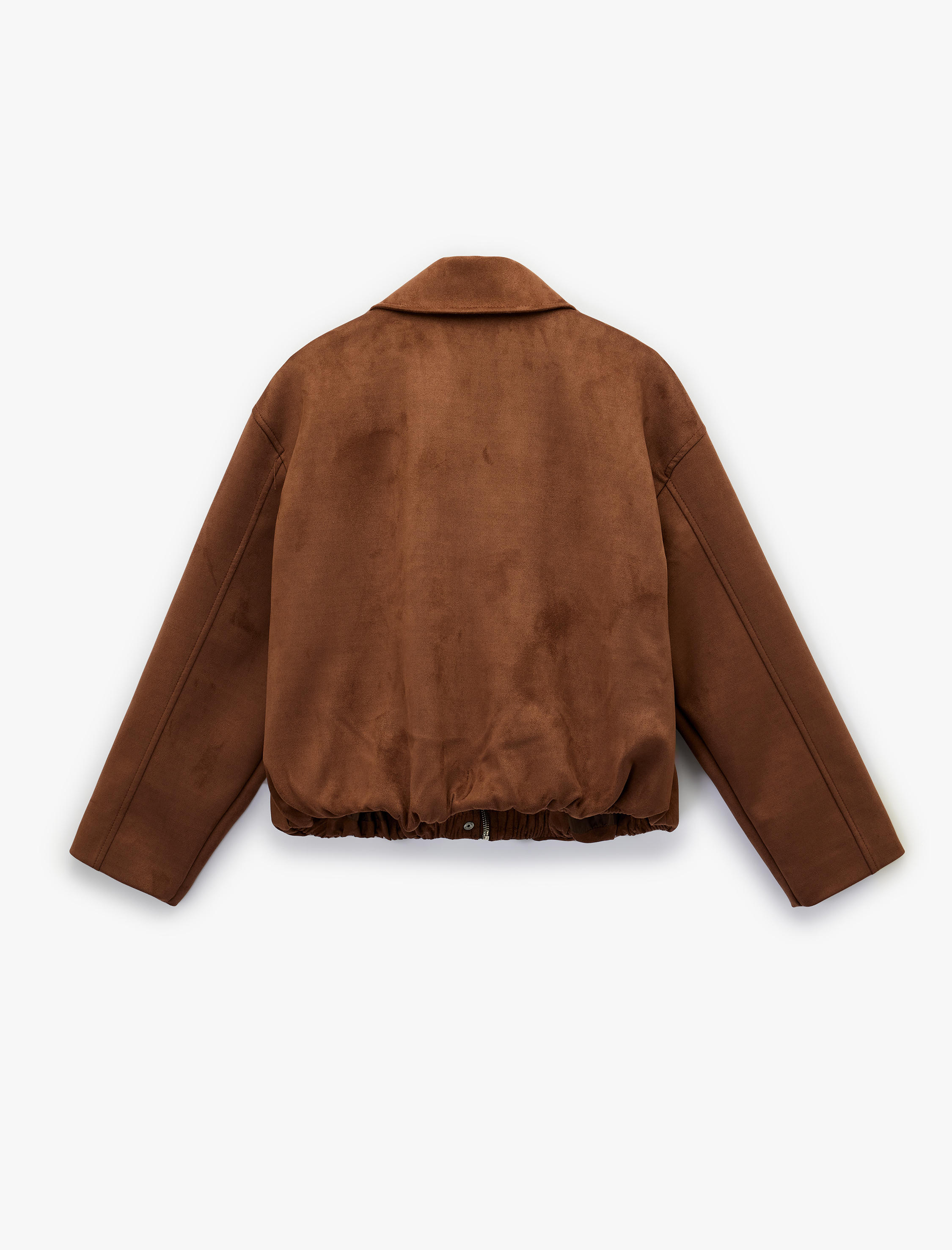   Uzun Kollu Cepli Fermuarlı Crop Suni Süet Ceket