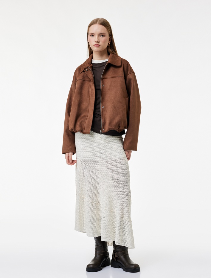  Uzun Kollu Cepli Fermuarlı Crop Suni Süet Ceket