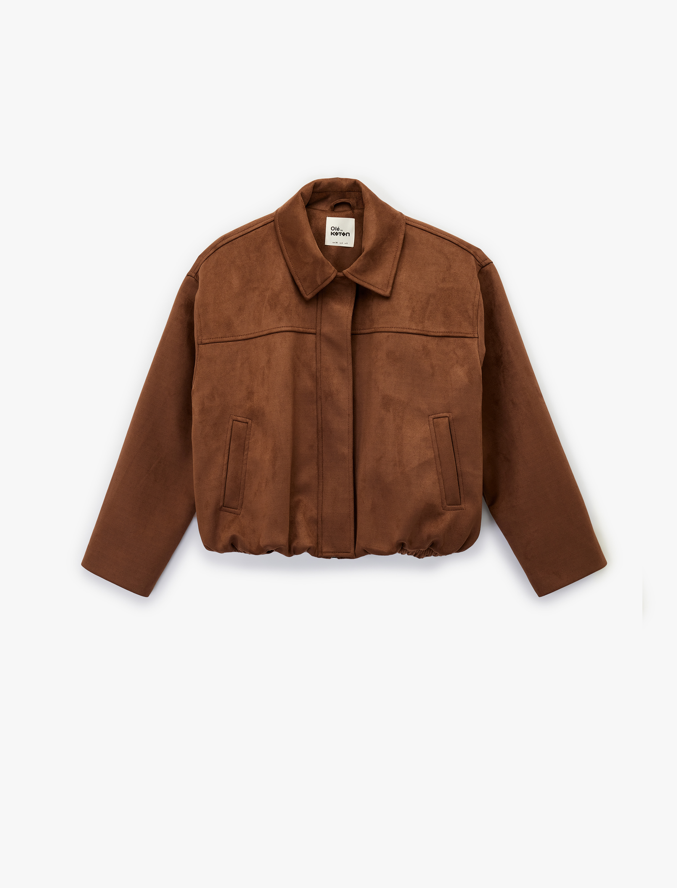   Uzun Kollu Cepli Fermuarlı Crop Suni Süet Ceket