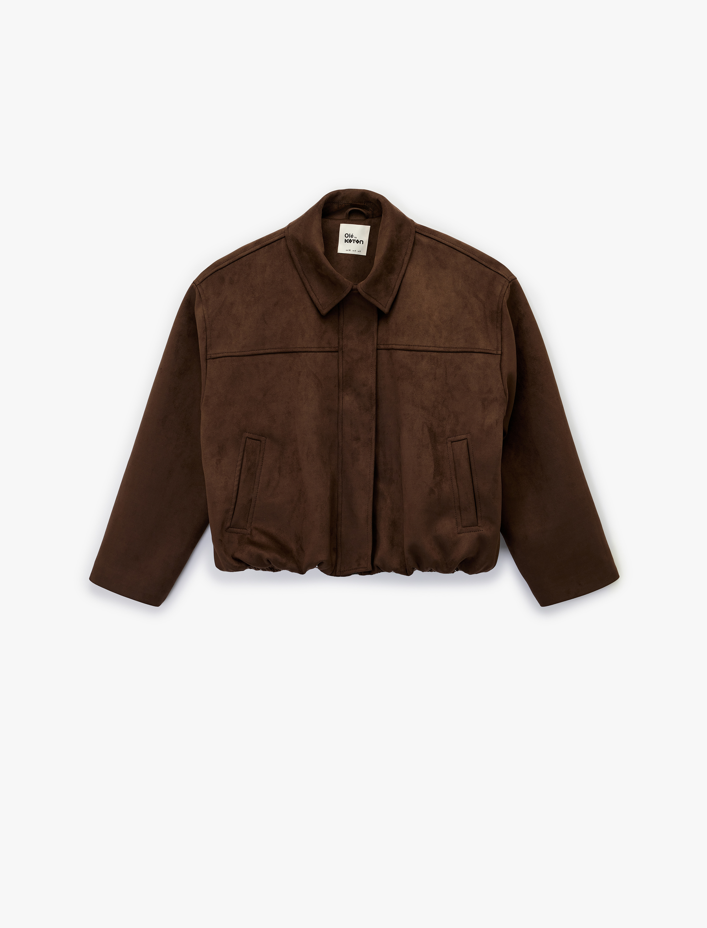   Uzun Kollu Cepli Fermuarlı Crop Suni Süet Ceket