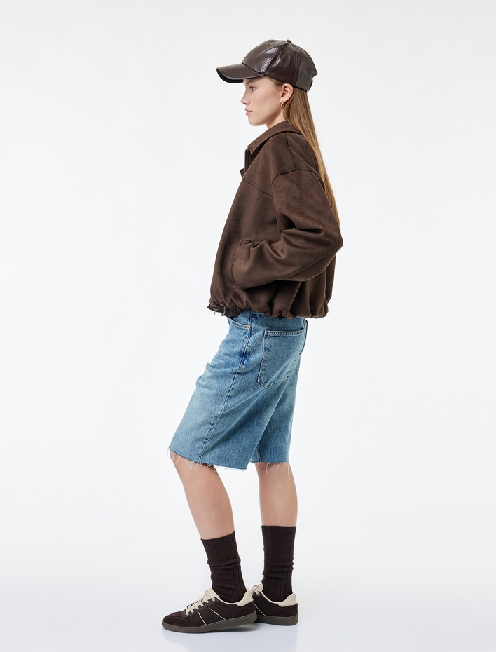  Uzun Kollu Cepli Fermuarlı Crop Suni Süet Ceket