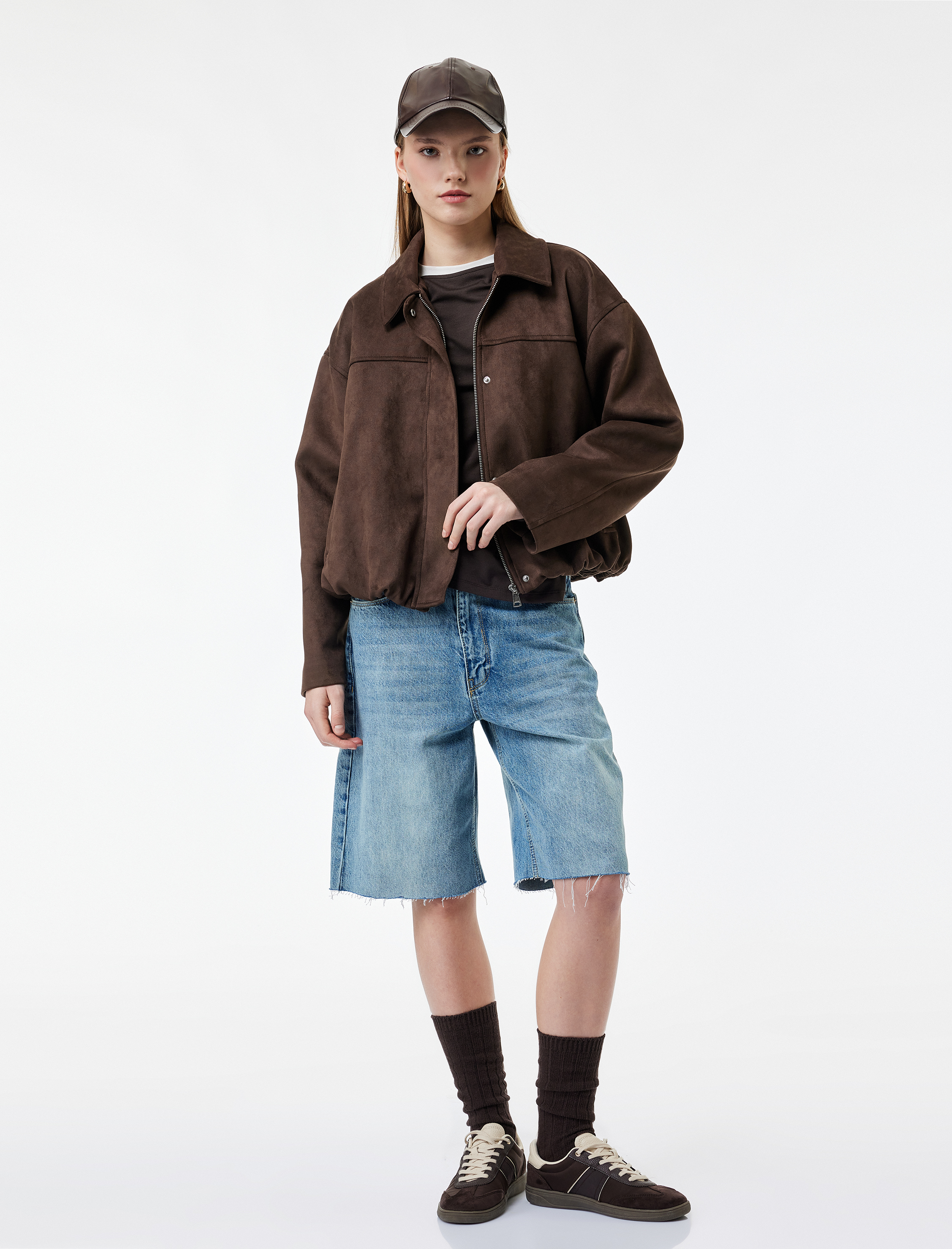   Uzun Kollu Cepli Fermuarlı Crop Suni Süet Ceket