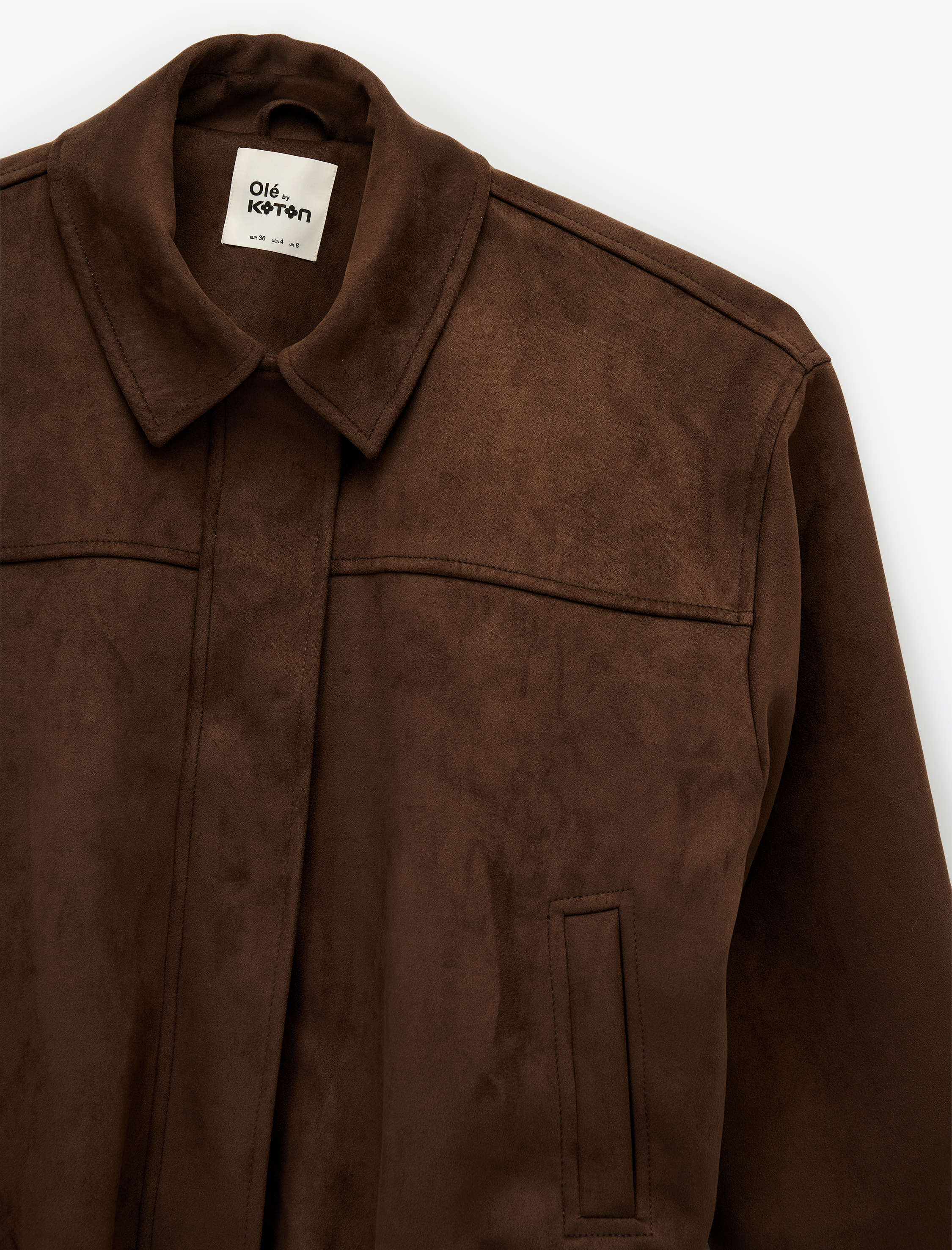   Uzun Kollu Cepli Fermuarlı Crop Suni Süet Ceket