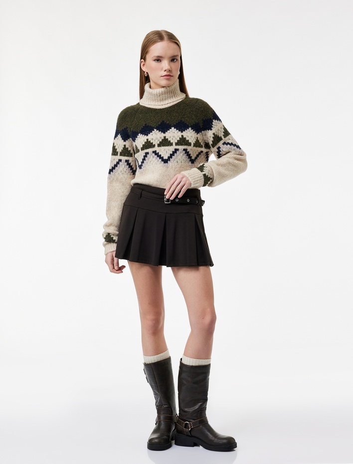  Uzun Kollu Etnik Desenli Balıkçı Yaka Triko Kazak