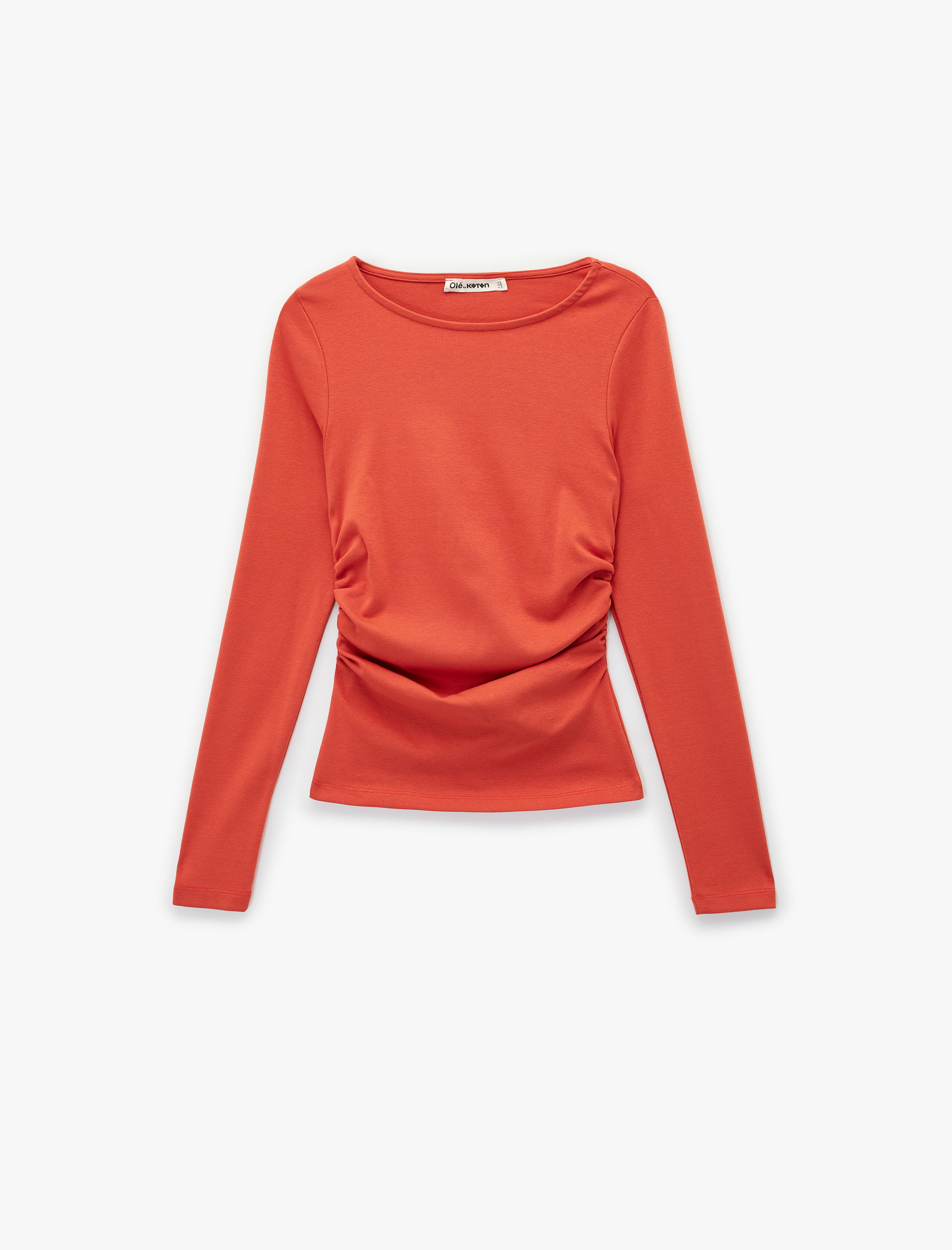   Pamuklu Slim Fit Kayık Yaka Drapeli Uzun Kollu Tişört