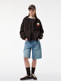 Rahat Kalıp Kapüşonlu Fermuarlı Kedi Arkası Baskılı Nakışlı Sweatshirt