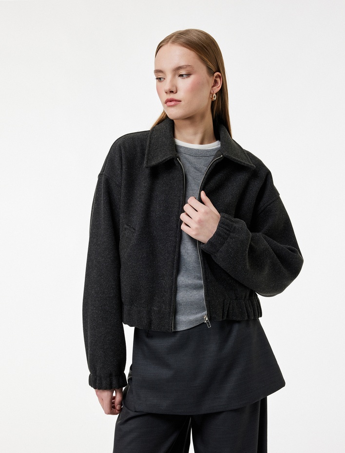  Uzun Kollu Cepli Fermuarlı Crop Bomber Ceket