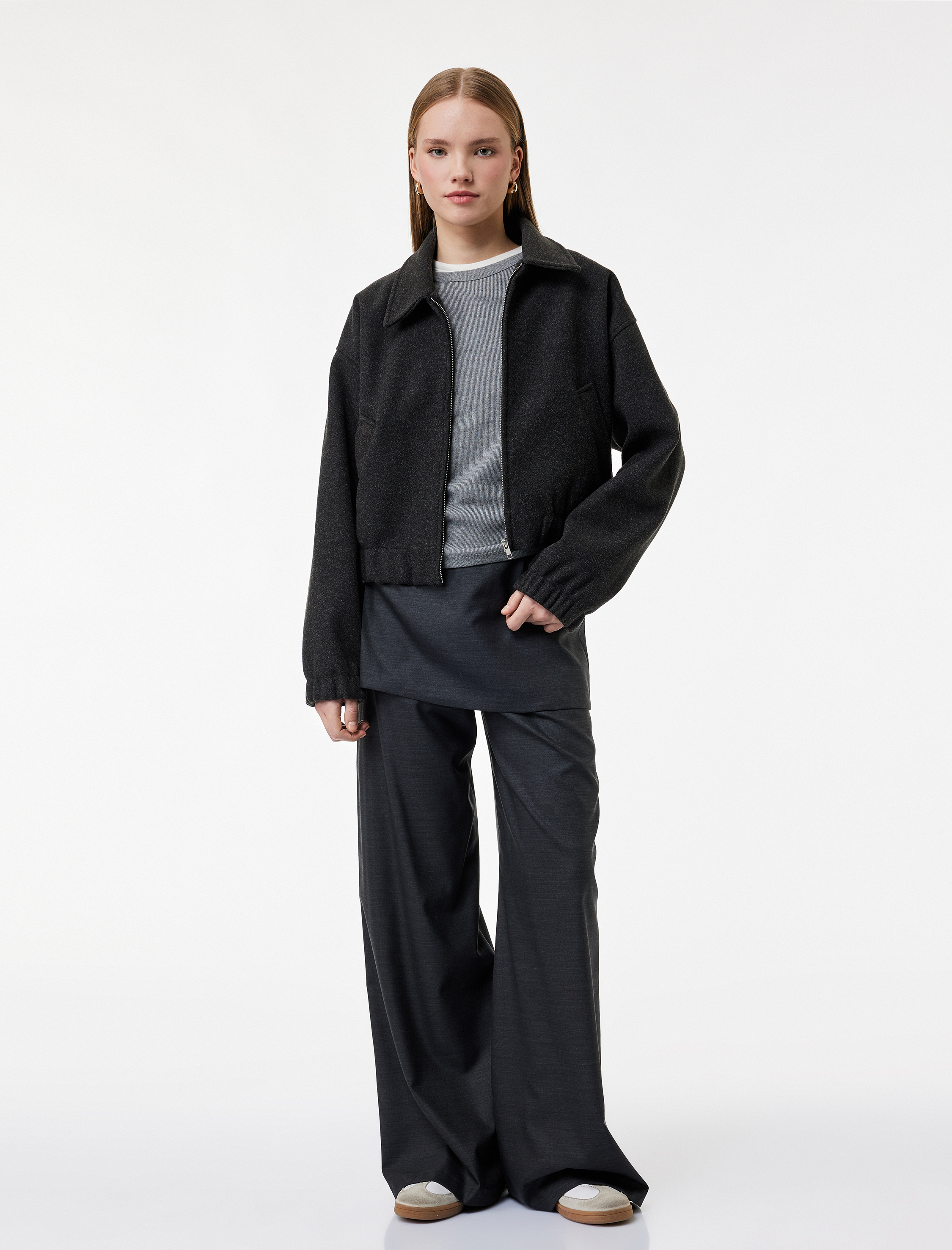   Uzun Kollu Cepli Fermuarlı Crop Bomber Ceket