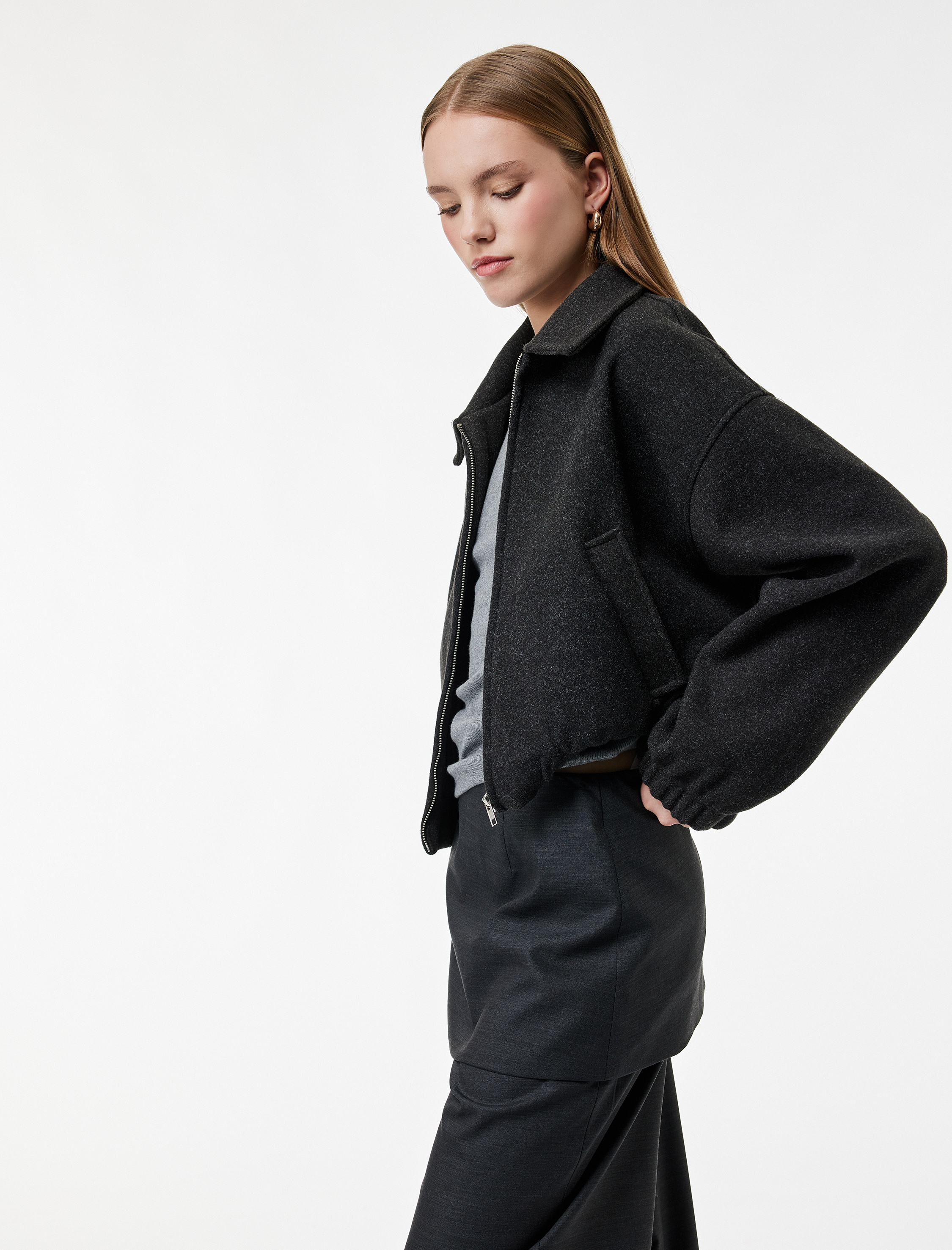   Uzun Kollu Cepli Fermuarlı Crop Bomber Ceket