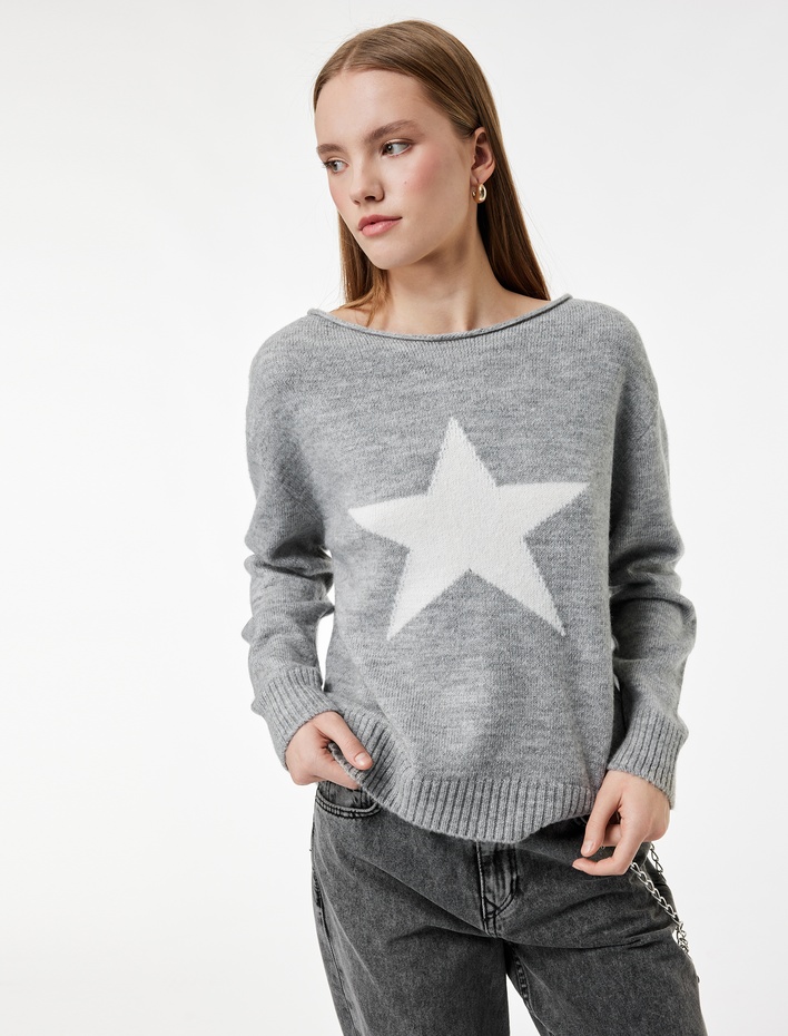  Uzun Kollu Yuvarlak Geniş Yaka Yıldız Desenli Triko Kazak