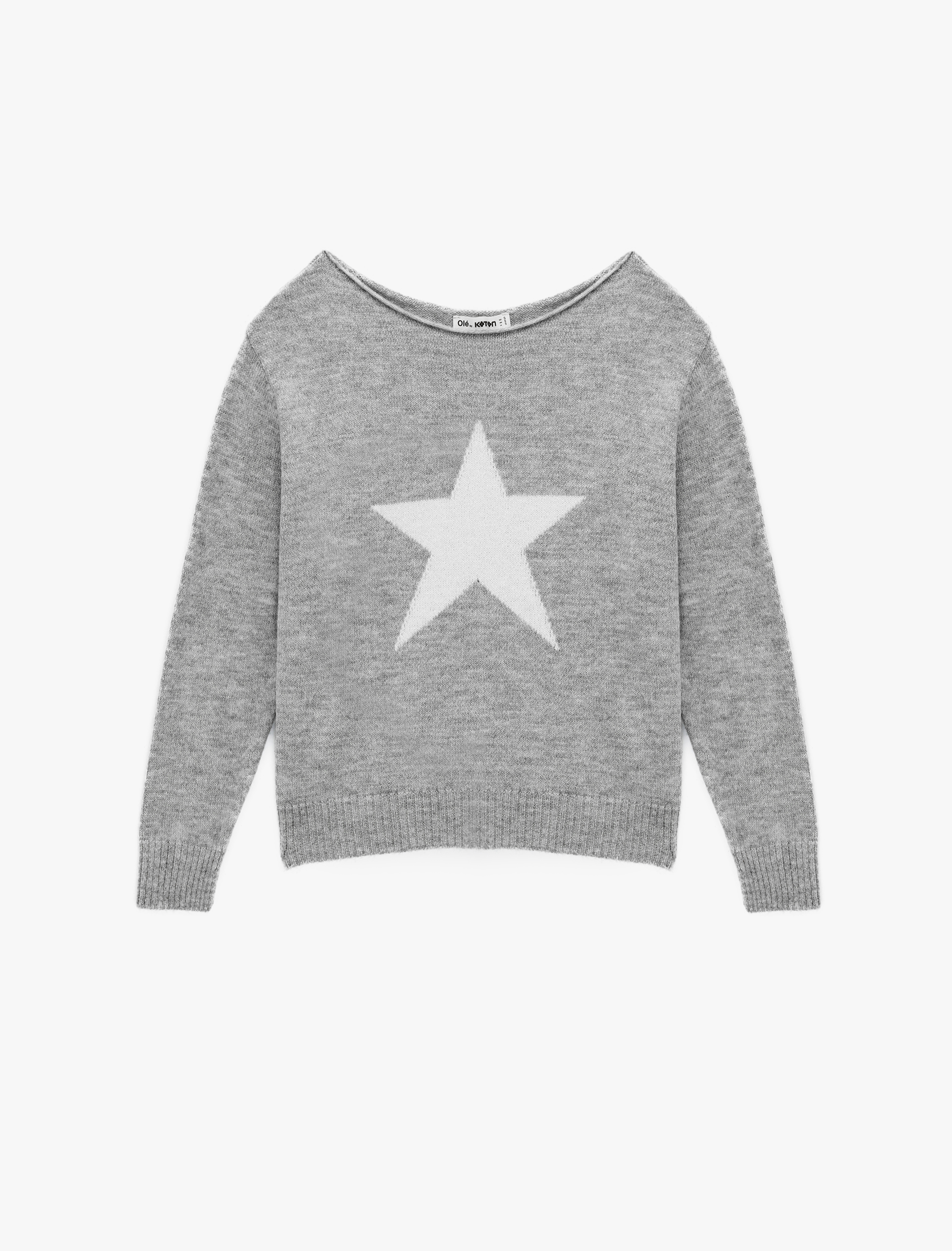   Uzun Kollu Yuvarlak Geniş Yaka Yıldız Desenli Triko Kazak