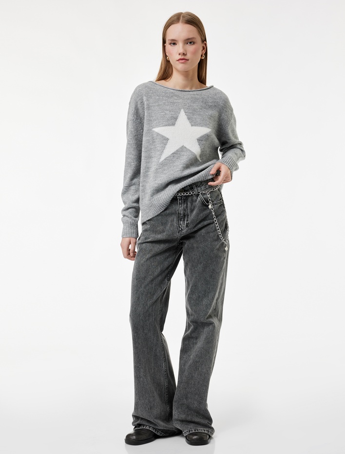  Uzun Kollu Yuvarlak Geniş Yaka Yıldız Desenli Triko Kazak