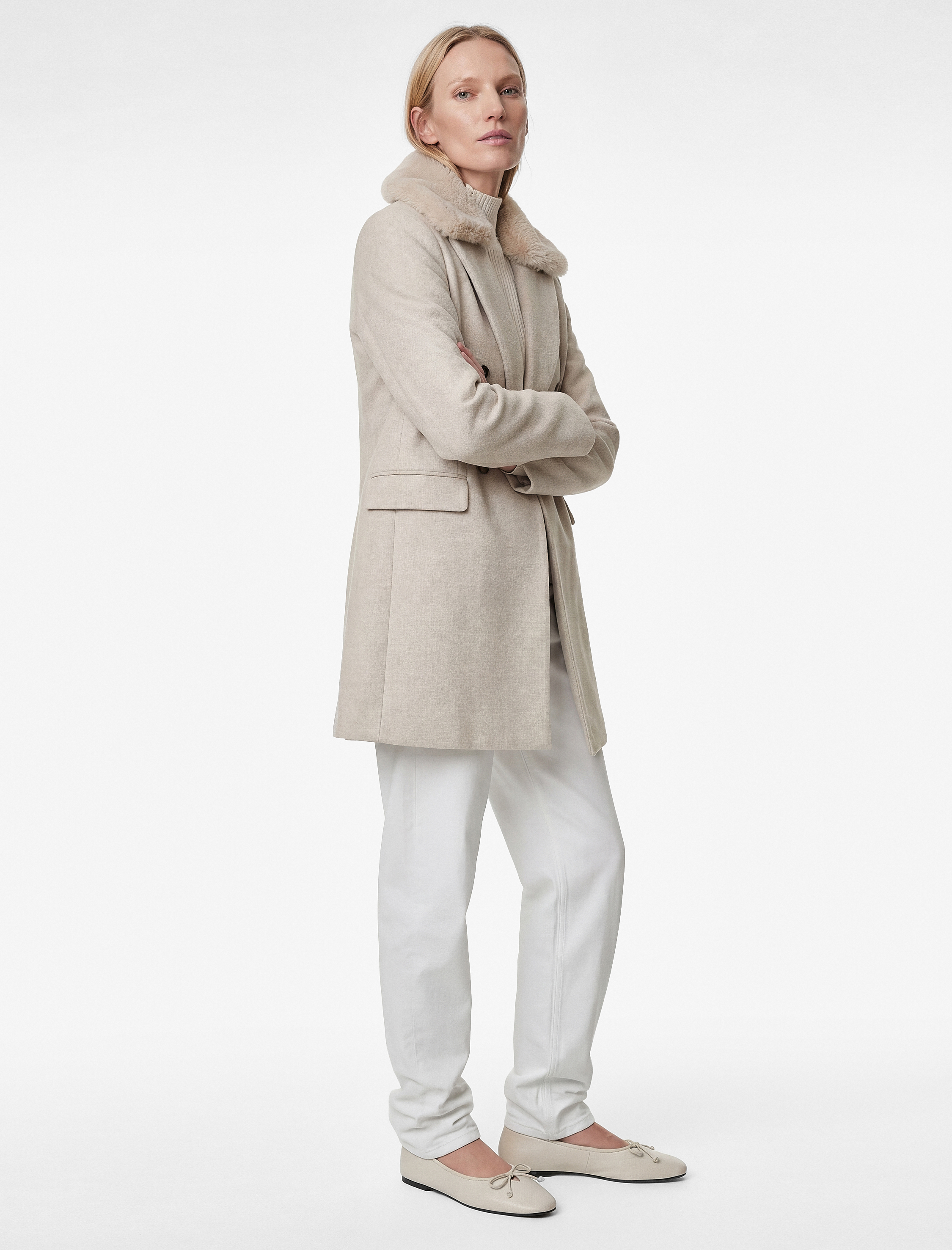   Çıkarılabilir Suni Kürk Yaka Kaşe Kaban Kruvaze Uzun Kollu Cepli