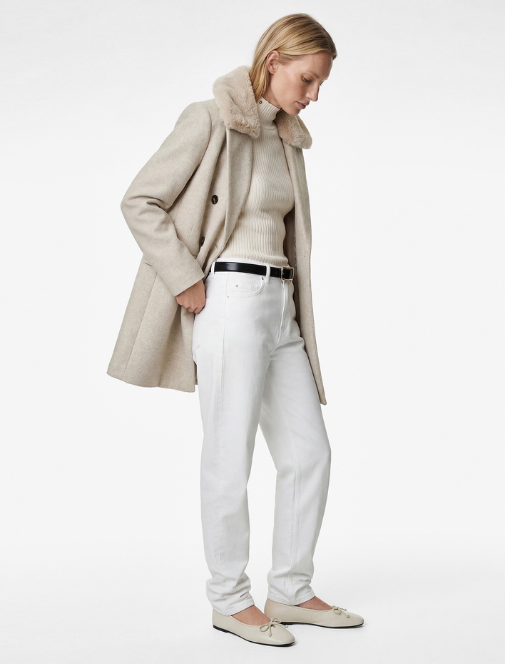  Çıkarılabilir Suni Kürk Yaka Kaşe Kaban Kruvaze Uzun Kollu Cepli