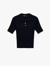 Slim Fit Yarım Düğme Detaylı Kısa Kollu Polo Yaka Triko Kazak