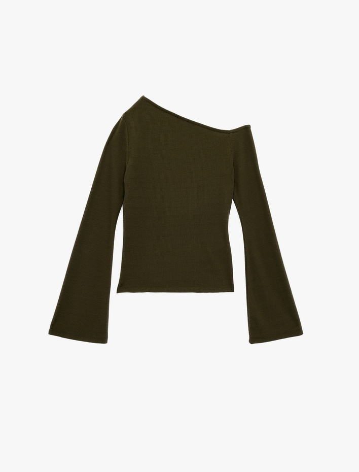  Asimetrik Yaka Uzun İspanyol Kollu Tek Omuz Tişört