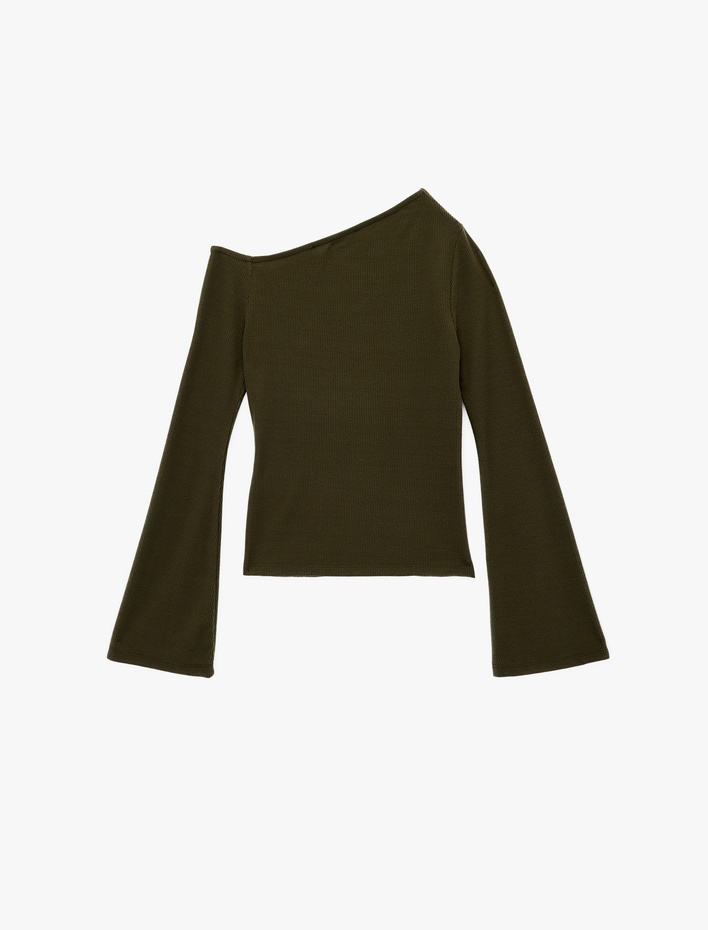  Asimetrik Yaka Uzun İspanyol Kollu Tek Omuz Tişört