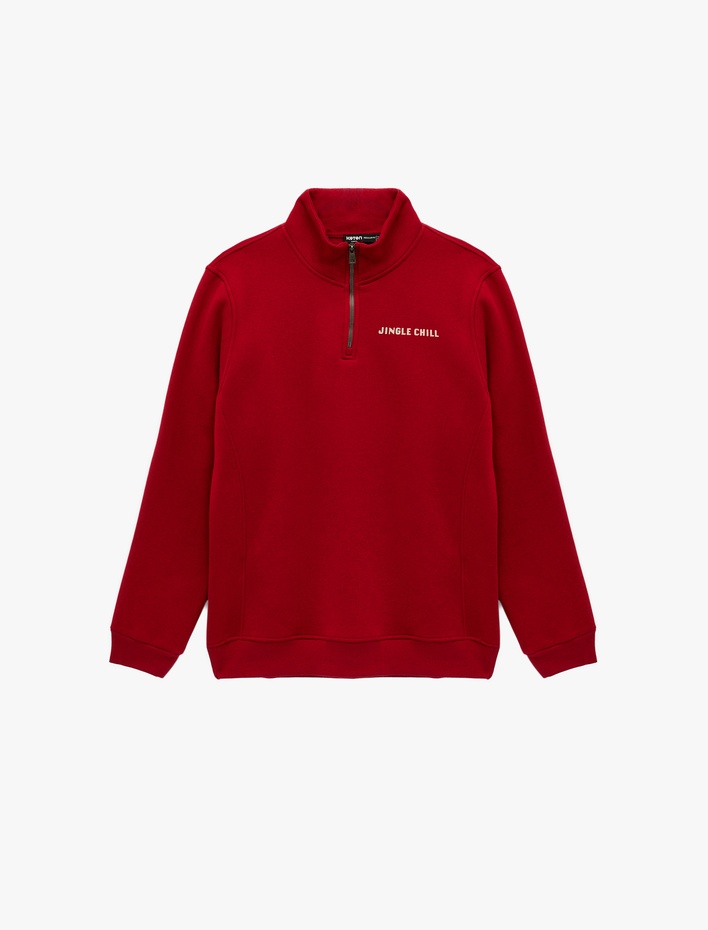  Uzun Kollu Şardonlu Yarım Fermuarlı Yılbaşı Baskılı Sweatshirt