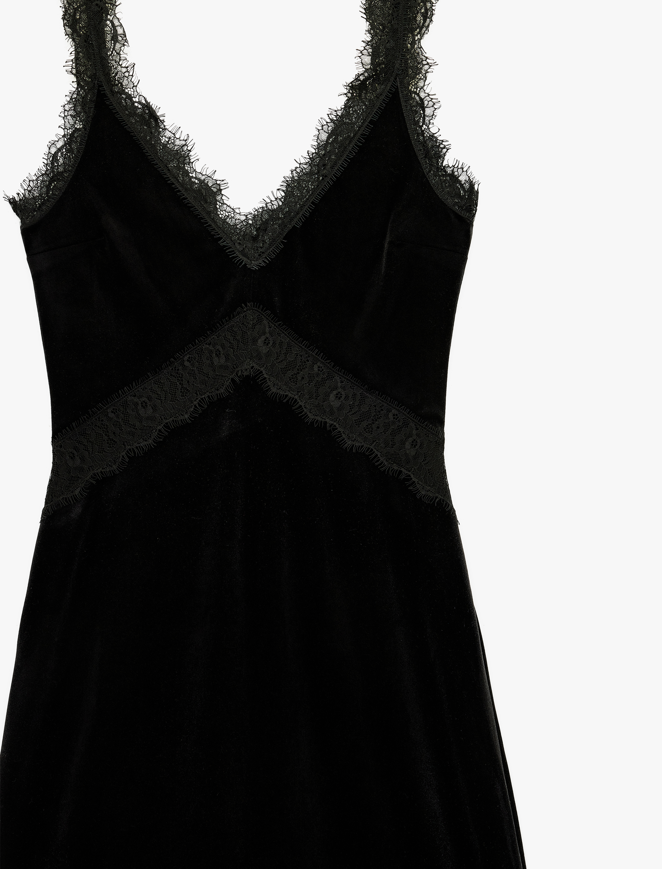   Slim Fit V Yaka Uzun Askılı Dantelli Kadife Elbise