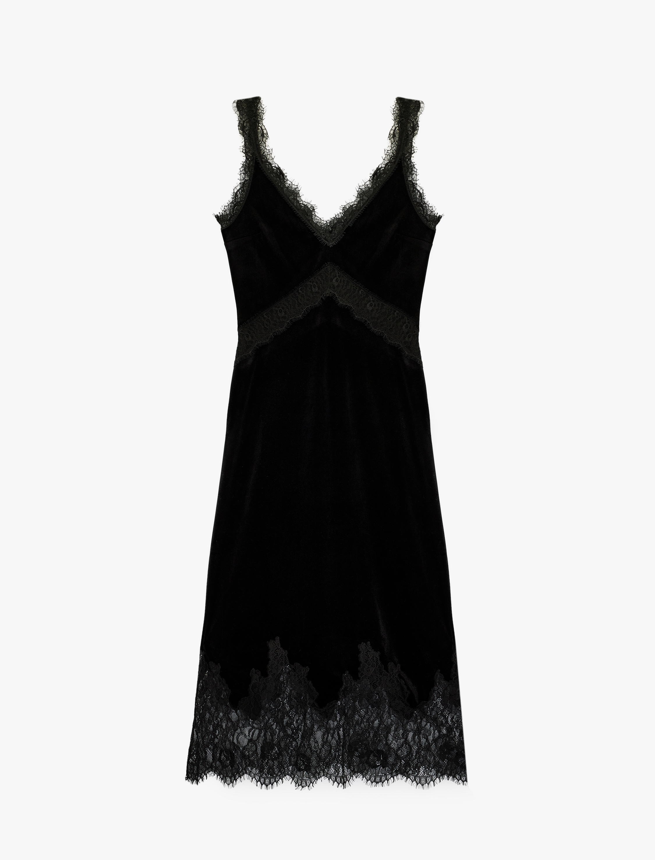   Slim Fit V Yaka Uzun Askılı Dantelli Kadife Elbise