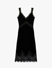 Slim Fit V Yaka Uzun Askılı Dantelli Kadife Elbise