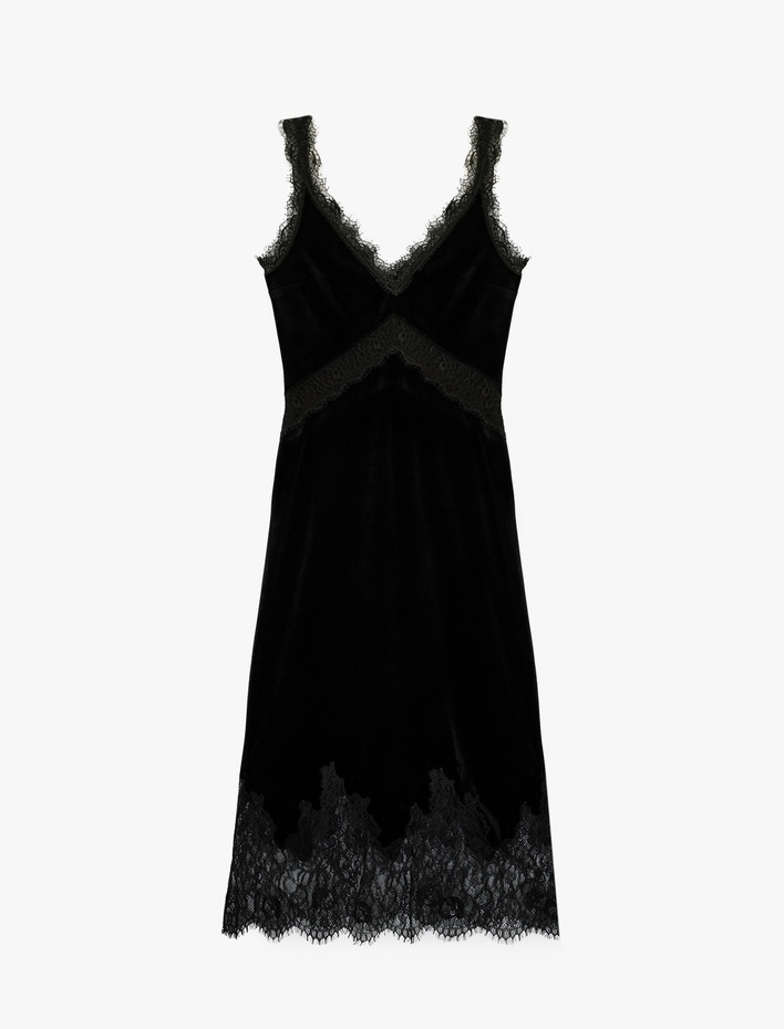  Slim Fit V Yaka Uzun Askılı Dantelli Kadife Elbise