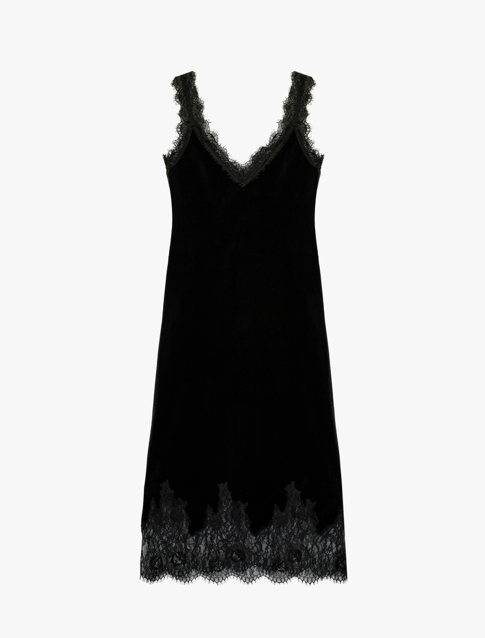  Slim Fit V Yaka Uzun Askılı Dantelli Kadife Elbise