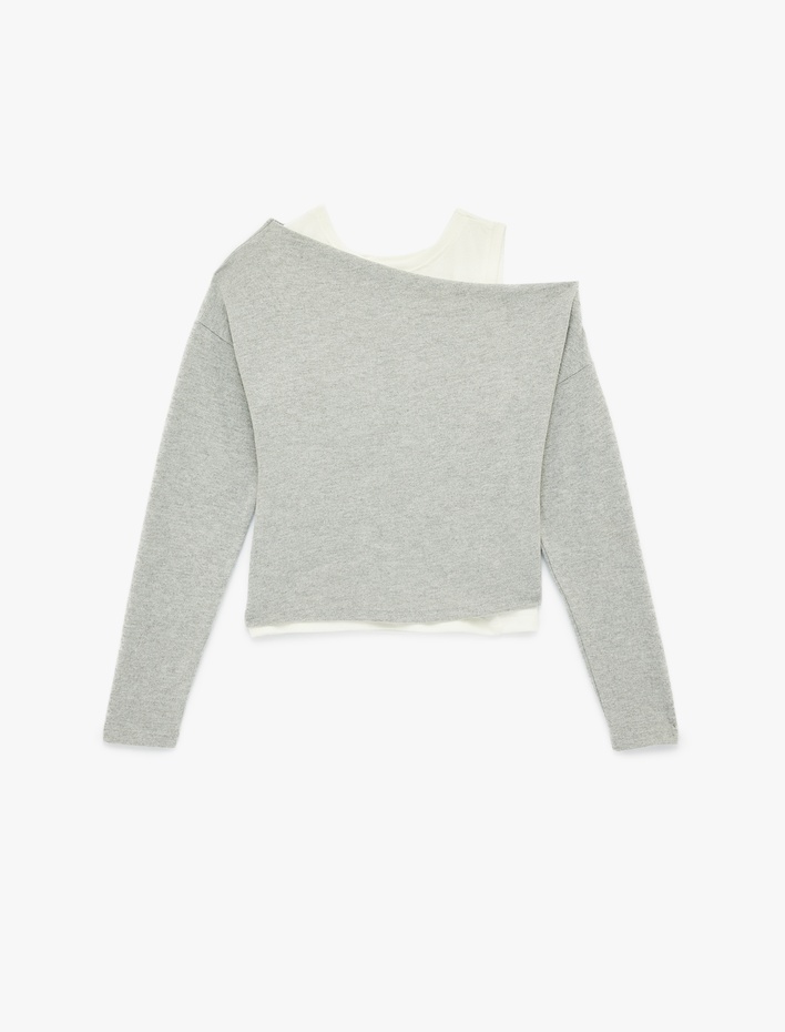  Slim Fit Renk Kontrastlı Asimetrik Çift Yaka Uzun Kollu Tişört