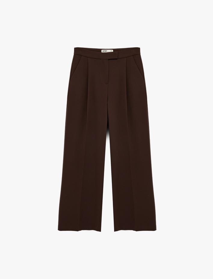  Cepli Pile Detaylı Düz Geniş Paça Palazzo Pantolon