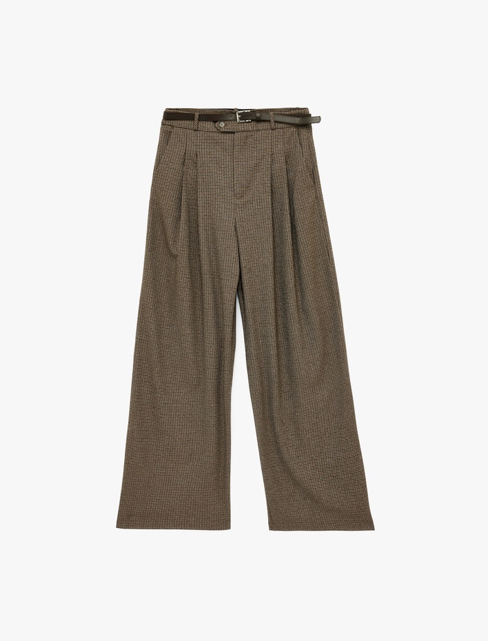  Cepli Pile Detaylı Kemerli Geniş Paça Baggy Kumaş Pantolon