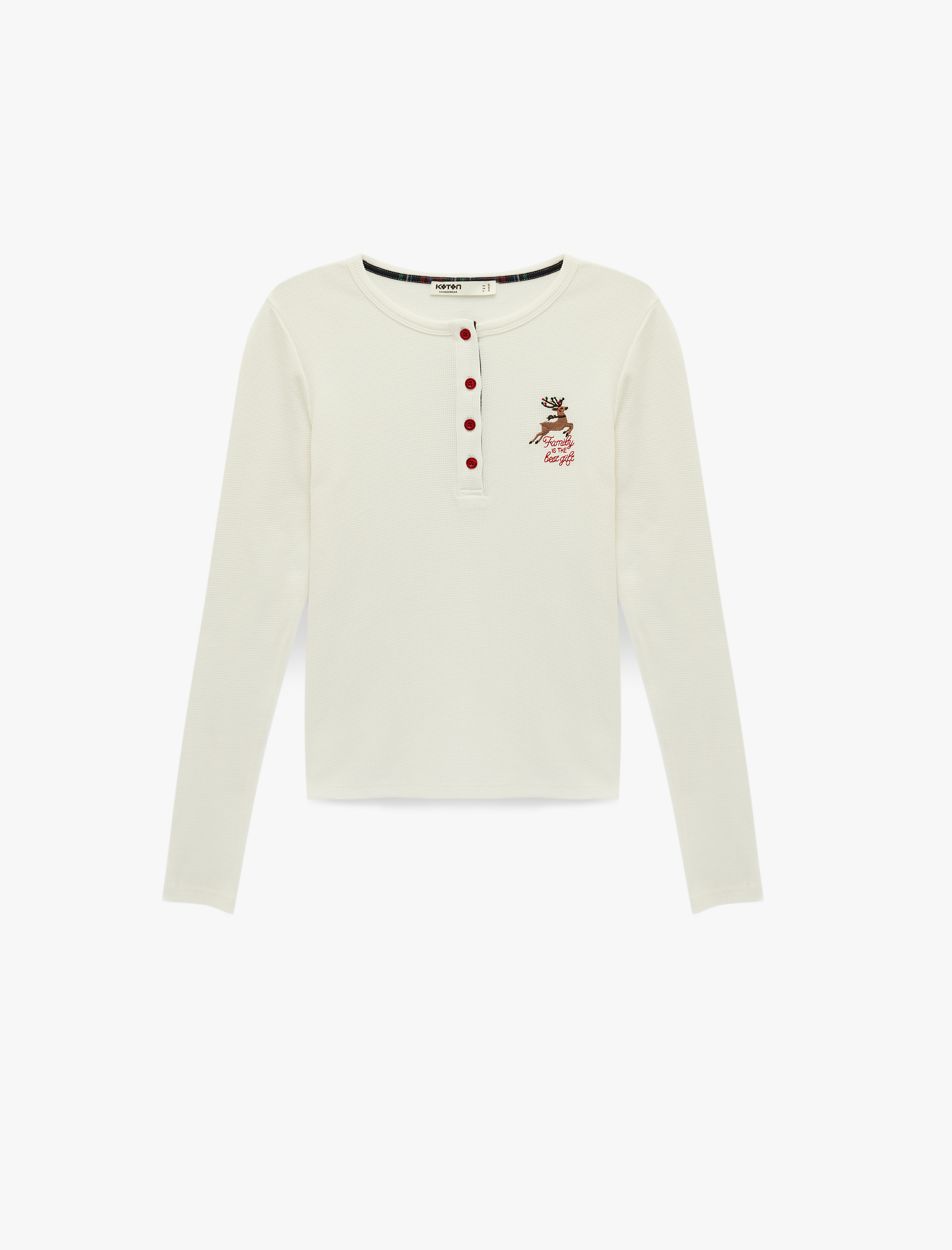   Pamuklu Uzun Kollu Waffle Dokulu Düğmeli Bisiklet Yaka Nakışlı Örme Yılbaşı Pijama Üstü